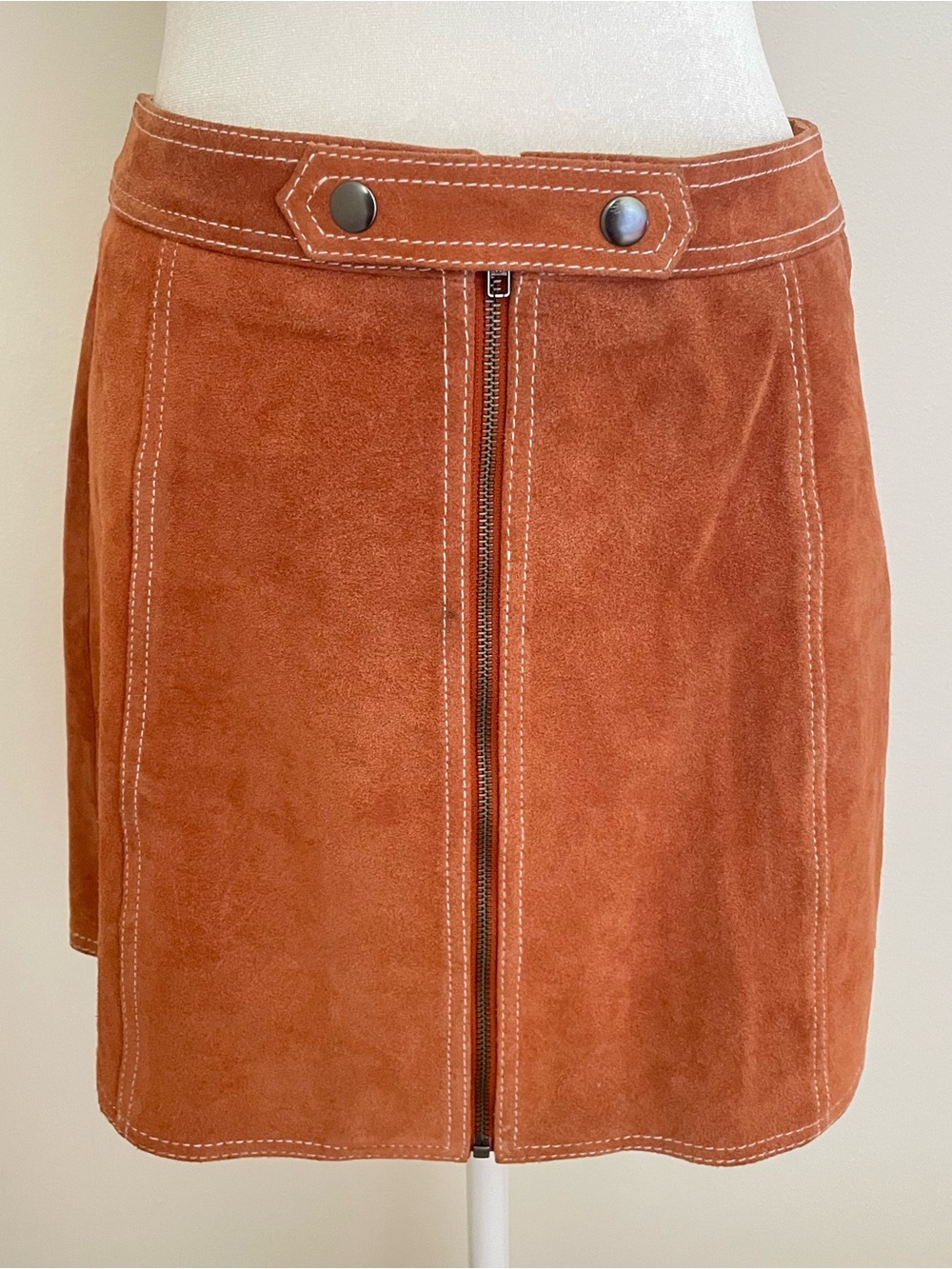 Topshop Vintage 90s Y2K 100% Real Leather Suede Zip A-Line Contrast Stitch Skirt